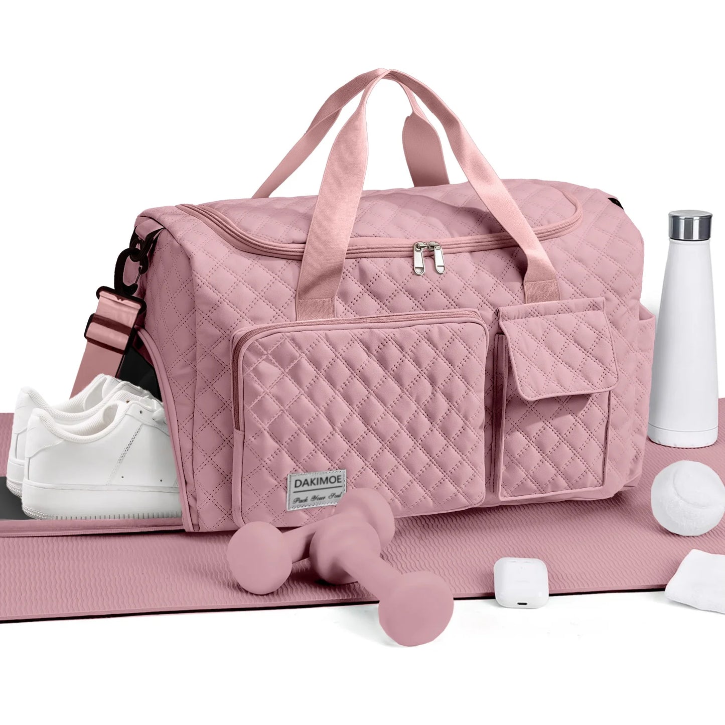 Travel Duffle Bag for Women Men, Weekender Bags Carry on Gym Bag with Wet Pocket/Adjustable Strap/Shoe Compartment, Foldable Waterproof Overnight Tote Bag for Plane Sports Dance, Pink