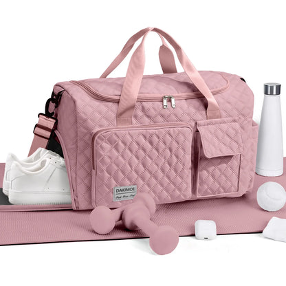 Travel Duffle Bag for Women Men, Weekender Bags Carry on Gym Bag with Wet Pocket/Adjustable Strap/Shoe Compartment, Foldable Waterproof Overnight Tote Bag for Plane Sports Dance, Pink