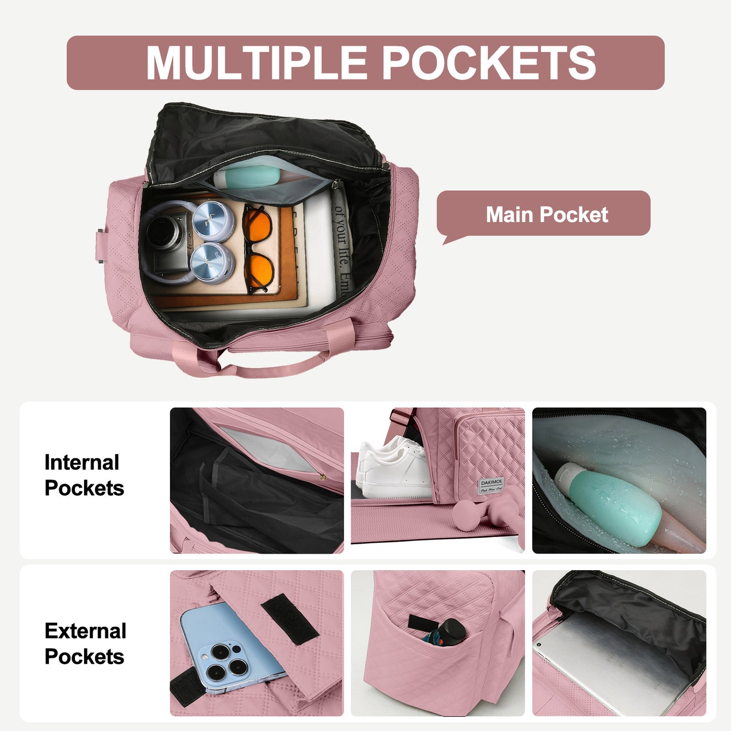 Travel Duffle Bag for Women Men, Weekender Bags Carry on Gym Bag with Wet Pocket/Adjustable Strap/Shoe Compartment, Foldable Waterproof Overnight Tote Bag for Plane Sports Dance, Pink