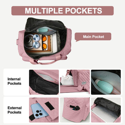 Travel Duffle Bag for Women Men, Weekender Bags Carry on Gym Bag with Wet Pocket/Adjustable Strap/Shoe Compartment, Foldable Waterproof Overnight Tote Bag for Plane Sports Dance, Pink