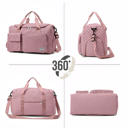 Travel Duffle Bag for Women Men, Weekender Bags Carry on Gym Bag with Wet Pocket/Adjustable Strap/Shoe Compartment, Foldable Waterproof Overnight Tote Bag for Plane Sports Dance, Pink