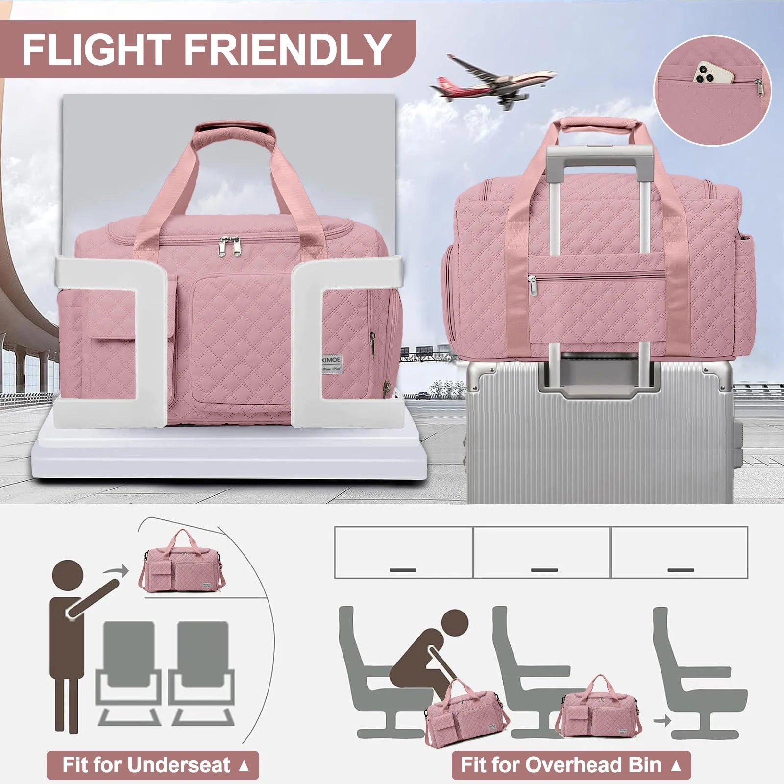 Travel Duffle Bag for Women Men, Weekender Bags Carry on Gym Bag with Wet Pocket/Adjustable Strap/Shoe Compartment, Foldable Waterproof Overnight Tote Bag for Plane Sports Dance, Pink