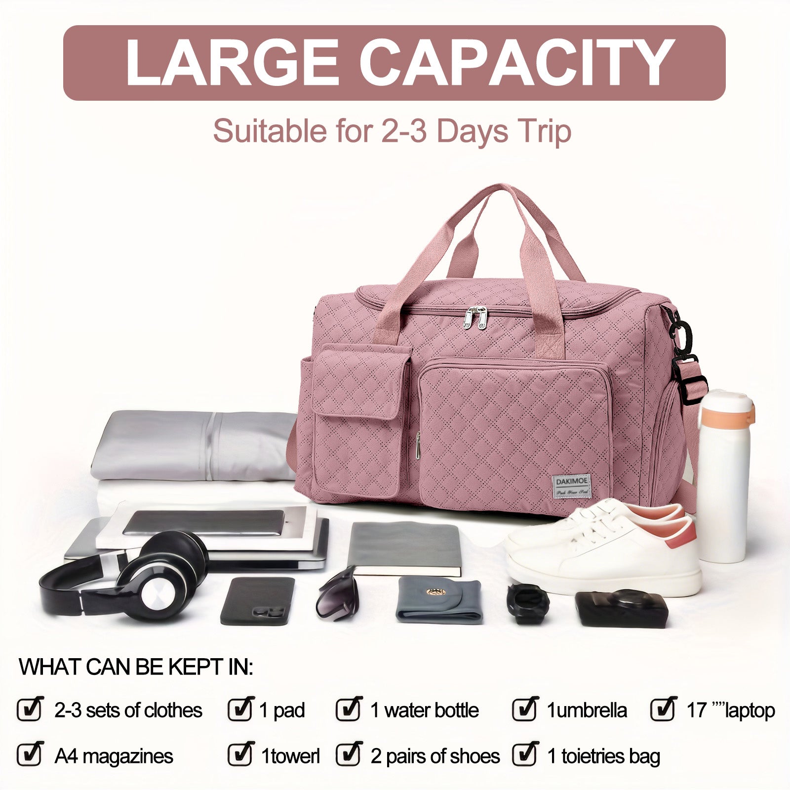 Travel Duffle Bag for Women Men, Weekender Bags Carry on Gym Bag with Wet Pocket/Adjustable Strap/Shoe Compartment, Foldable Waterproof Overnight Tote Bag for Plane Sports Dance, Pink