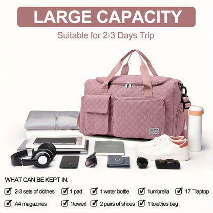 Travel Duffle Bag for Women Men, Weekender Bags Carry on Gym Bag with Wet Pocket/Adjustable Strap/Shoe Compartment, Foldable Waterproof Overnight Tote Bag for Plane Sports Dance, Pink